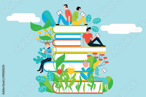 Happy people reading on tower of books in a colorful garden - vector colorful illustration isolated on background