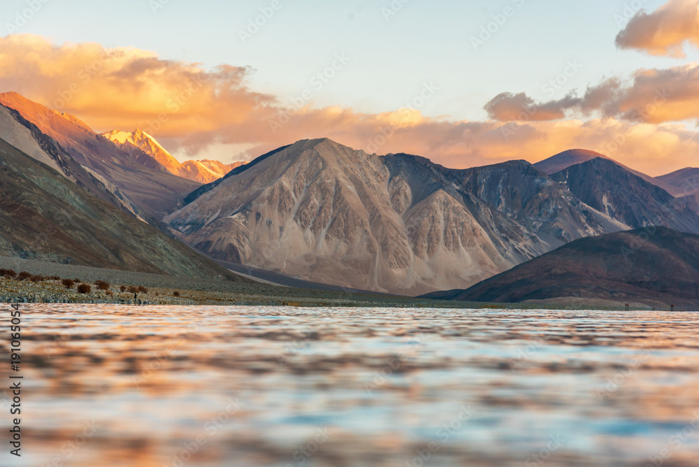 Sunrise Landscape view Mountains and Pangong tso (Lake). It is huge and  highest lake in Ladakh