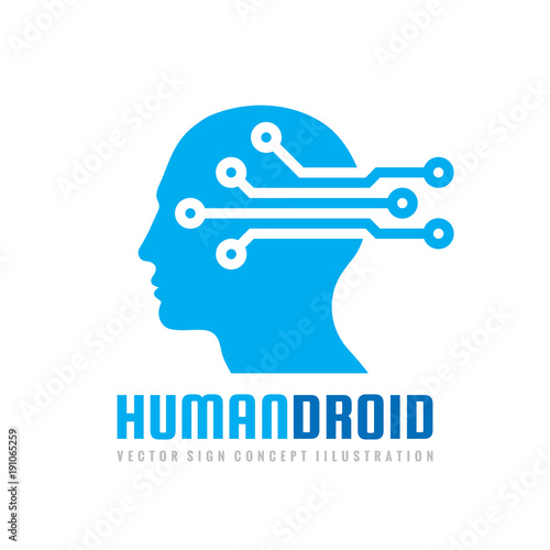 Techno human droid head vector logo concept illustration. Creative idea sign. Learning icon. People computer chip. Innovation technology symbol. Digital modern communication. Manager.