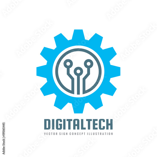 Digital tech - vector business logo template concept illustration. Gear electronic factory sign. Cog wheel technology symbol. Mining industry. SEO emblem. Design element.