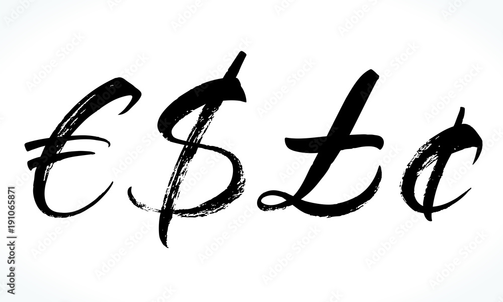 Brush lettering currency symbols. Modern calligraphy, handwritten letters. Vector illustration Brush lettering currency symbols. Modern calligraphy, handwritten letters. Vector illustration