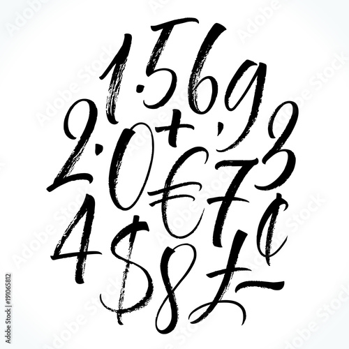 Brush lettering numbers, punctuation and currency symbols. Modern calligraphy, handwritten letters. Vector illustration.