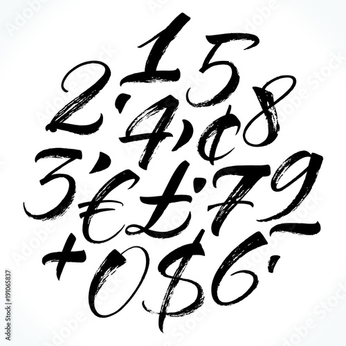 Brush lettering numbers, punctuation and currency symbols. Modern calligraphy, handwritten letters. Vector illustration.