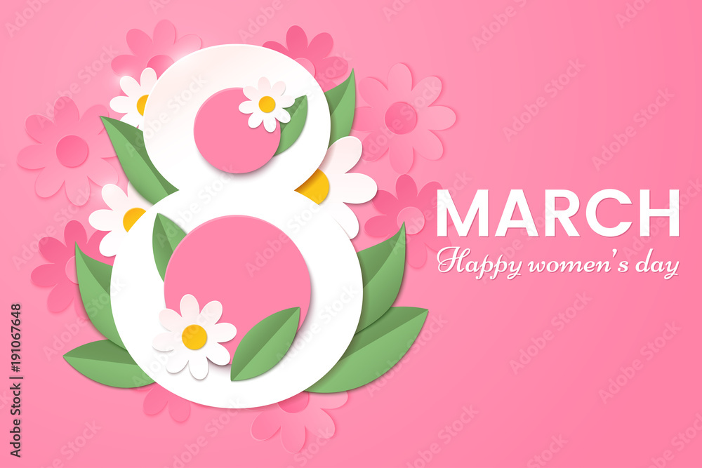 8 March. Happy Women's day greeting card with decor of paper cut spring flowers and leafs. Number 8 in the style of cut paper. Applicable for web banner, flyer, cards and invitation. 8 March. Happy Women's day greeting card with decor of paper cut spring flowers and leafs. Number 8 in the style of cut paper. Applicable for web banner, flyer, cards and invitation.
