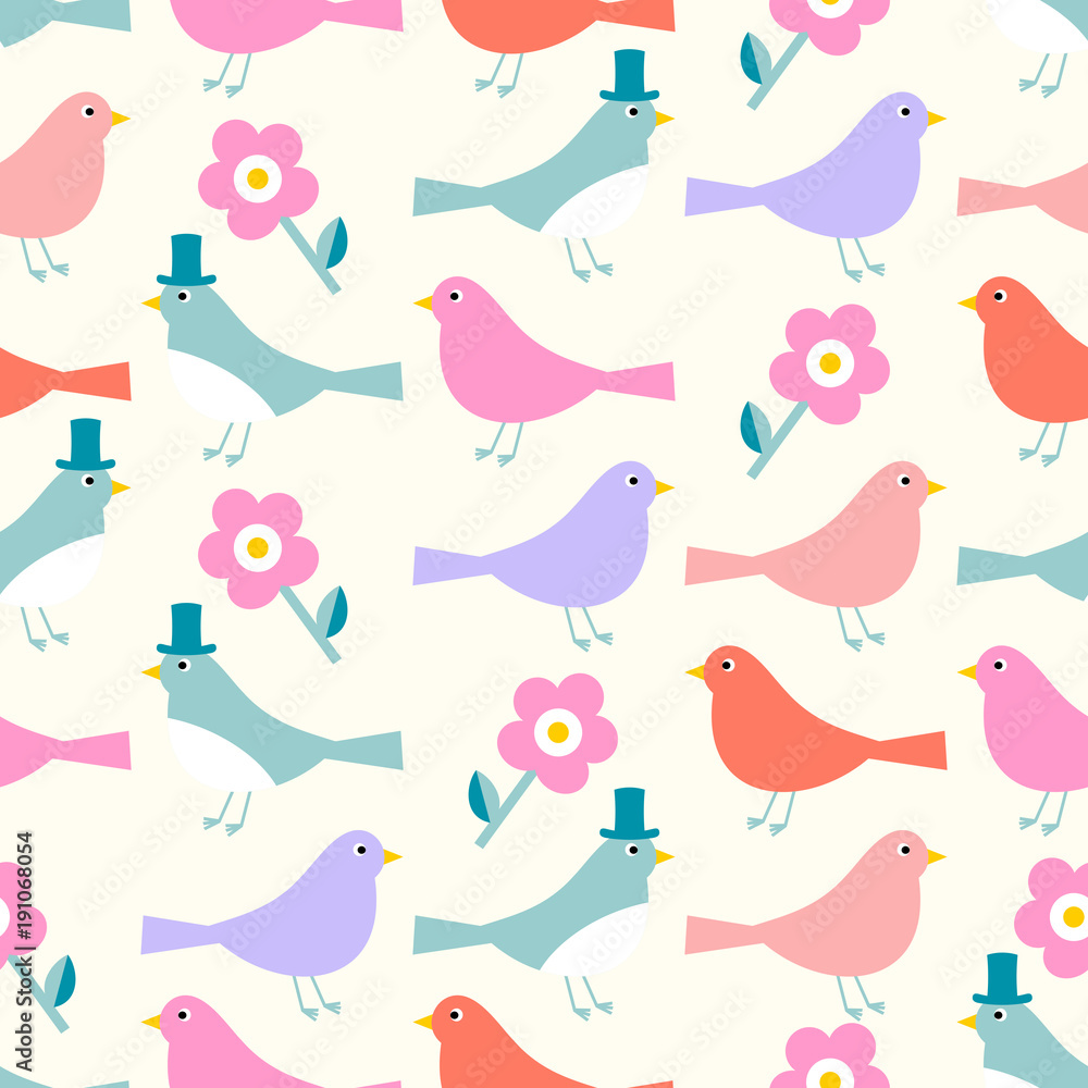 Floral Cute Pattern with Birds, Retro Style Print and festive Background for Baby and Kid Floral Cute Pattern with Birds, Retro Style Print and festive Background for Baby and Kid
