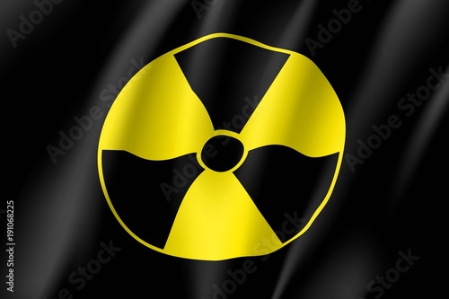 Yellow radiation sign on black background, realistic waving banner. Warning about threat to life, dangerous factory or plant, the production or storage of various substances. Vector illustration