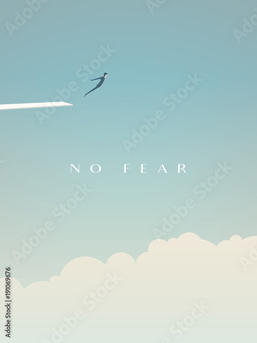 Business risk vector minimalist concept. Businessman jumping from board above clouds as symbol of challenge, courage and bravery.