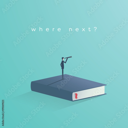 Education vector concept. Businessman or student standing on book looking at future. Symbol of career, job, graduate, achievement, wisdom.