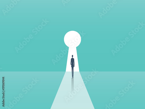 Business opportunity and career ambition, success vector concept with businessman walking towards door in shape of keyhole.