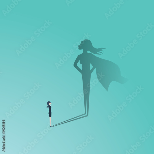 Business woman superhero vector concept. Businesswoman with superhero shadow. Symbol of confidence, leadership, power, feminism and emancipation.