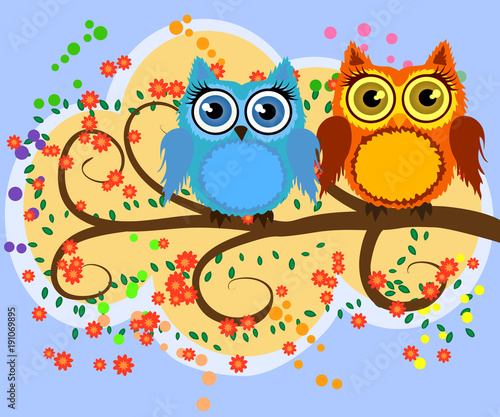 A family of bright, cartoon, cute, colorful owls on a flowering tree branch, parents, children, chicks