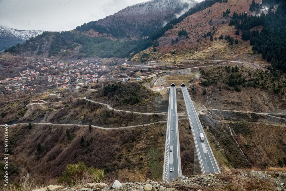 View of the national road (Egnatia Odos) as it appears from Metsovo in Epirus, Greece
