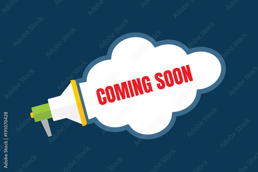 Megaphone flat icon with Coming soon Text Megaphone flat icon with Coming soon Text