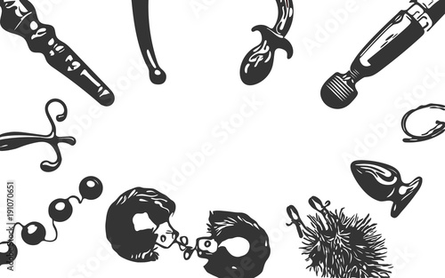 Various sex toys (dildo, wand-massager, nipple clips, fur cuffs, love balls, butt plug and others) are on a white background. Vector background. In the center there is a copyspace