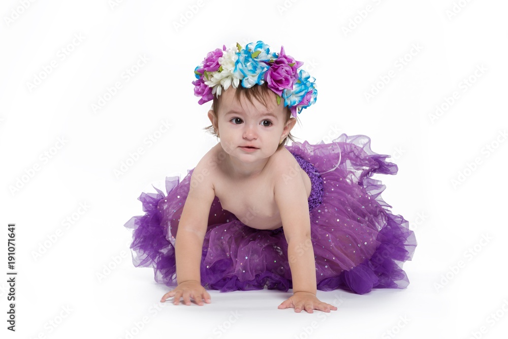 Beautiful girl wearing a crown of flowers with different expressions isolated on white
