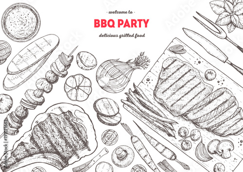 Grilled meat and vegetables top view frame. Vector illustration. Engraved design. Hand drawn illustration. Grill restaurant menu design template. Food on the grill.