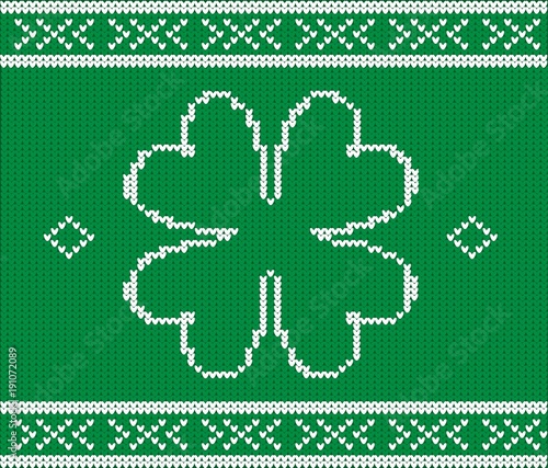 Vector sweater pattern for St. Patrick's Day with green colour background and four-leaved clover