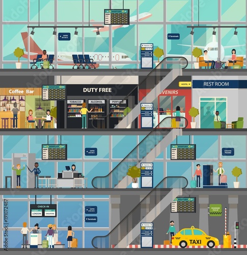 Airport building structure with rooms and people