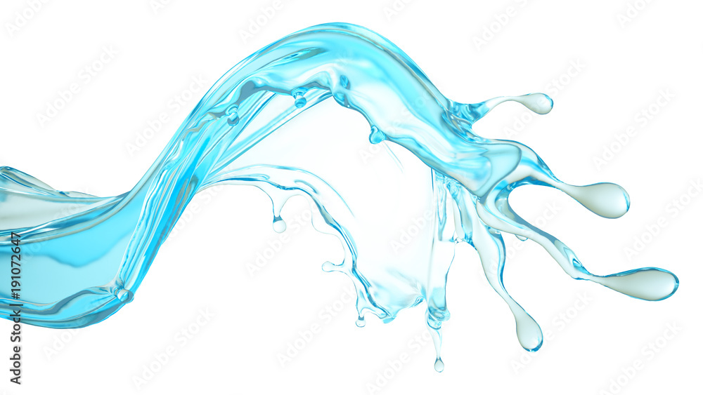 Fototapeta premium Isolated blue splash of water on a white background. 3d illustration, 3d rendering.