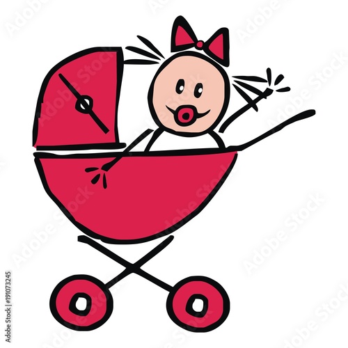 Baby girl in the pram, funny illustration, doodle, vector icon