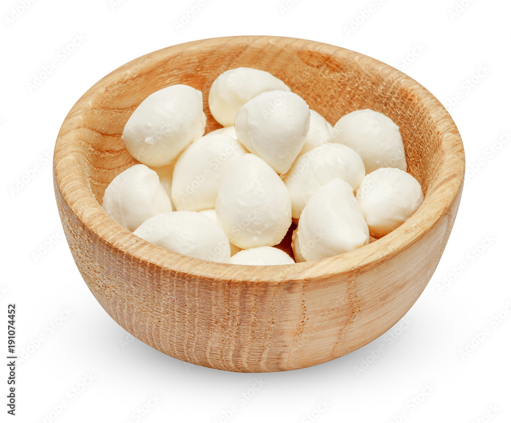 Mozzarella cheese in bowl on white background Mozzarella cheese in bowl on white background