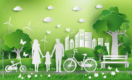 Family enjoy fresh air in the park, eco green city, save the planet and energy concept, flat-style vector illustration.
