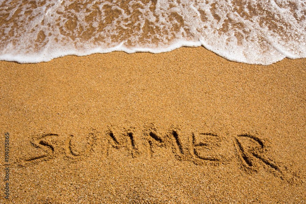 Beach background with summer written in sand. Wave and sand border