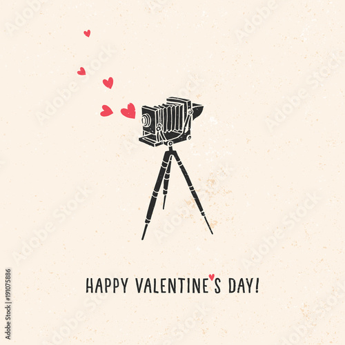 Valentine's day greeting card with old vintage camera, hearts and lettering. Vector hand drawn illustration.