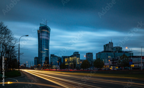Night view on the Warsaw skyscrapers, Poland