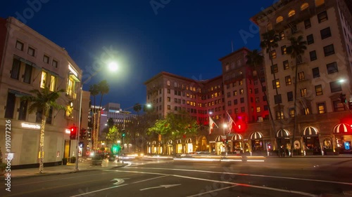 Time lapse in motion of Rodeo Drive in Beverly Hills at night.