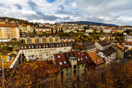 Autumn panorama of Neuchatel in Switzerland side view