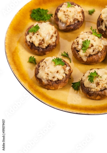 Vegetarian Stuffed Mushrooms Isolated on White Background. Selective focus.