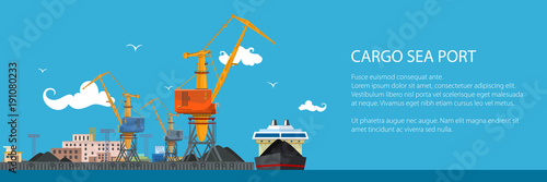 Unloading Coal or Ore from the Dry Cargo Ship, Banner with Sea Freight Transportation, Cargo Transport, Port Warehouses and Cranes, Vector Illustration