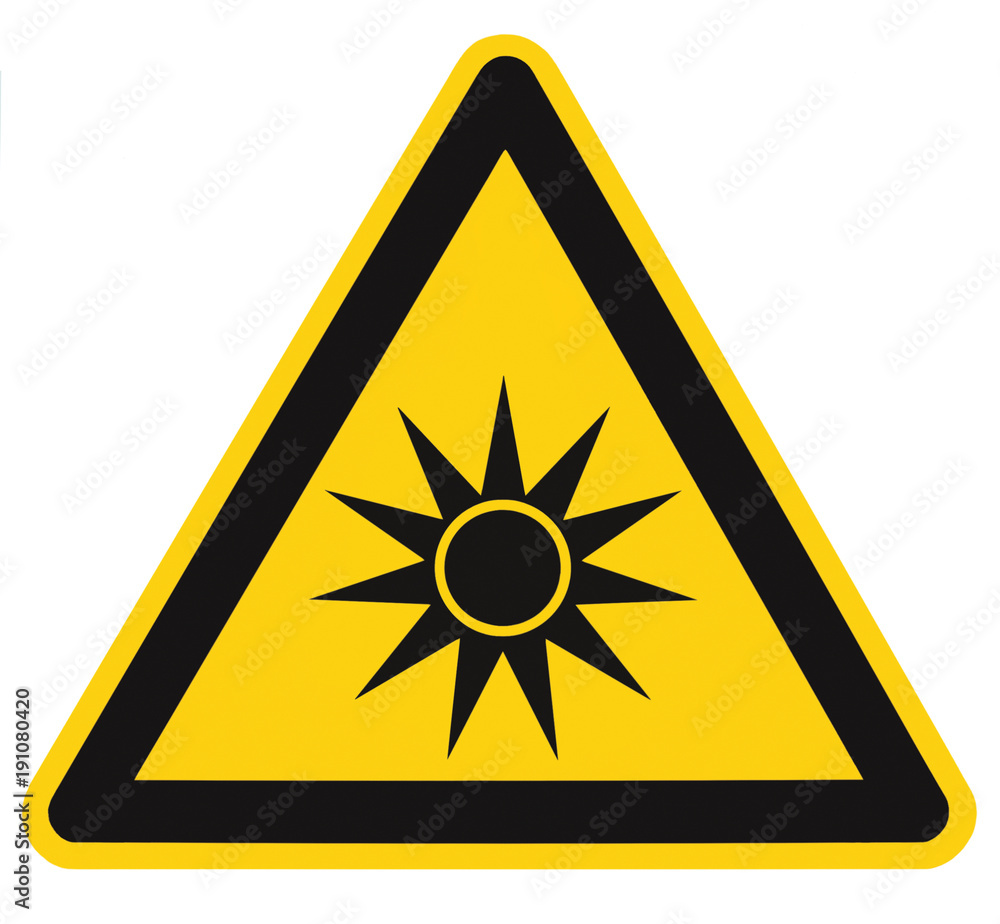 Optical radiation hazard caution safety danger warning text sign sticker label, artificial light beam icon symbol, isolated black triangle over yellow, large macro closeup Optical radiation hazard caution safety danger warning text sign sticker label, artificial light beam icon symbol, isolated black triangle over yellow, large macro closeup