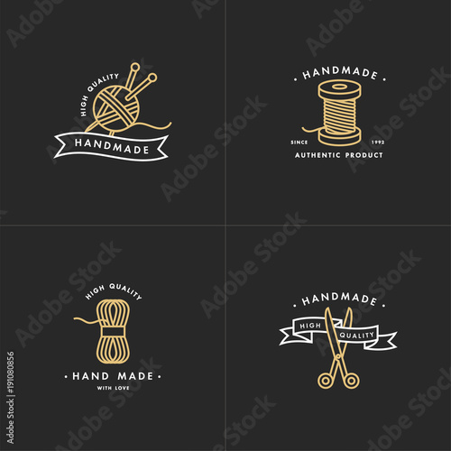 Handmade colorful line logos set. Handmade linear badges or handmade outline labels.