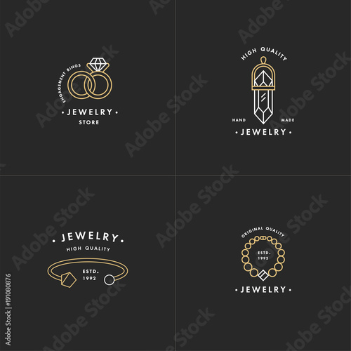 Vector set of logos with necklace and gem stone, wedding rings and bracelet design in trendy linear style in colorful colors