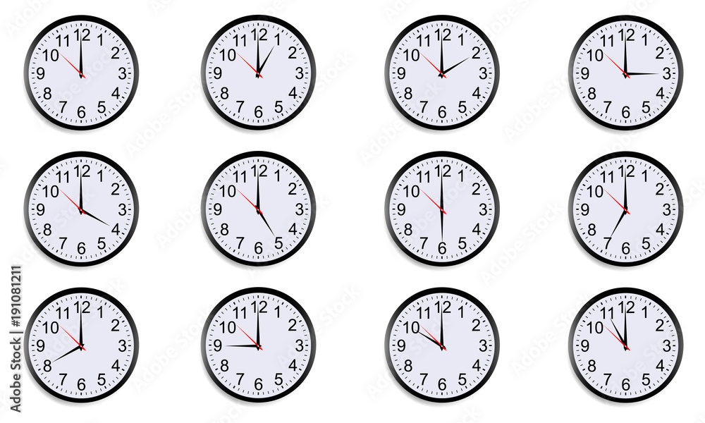Set of round clocks showing various time. World clock, time zone. Vector  illustration Stock Vector