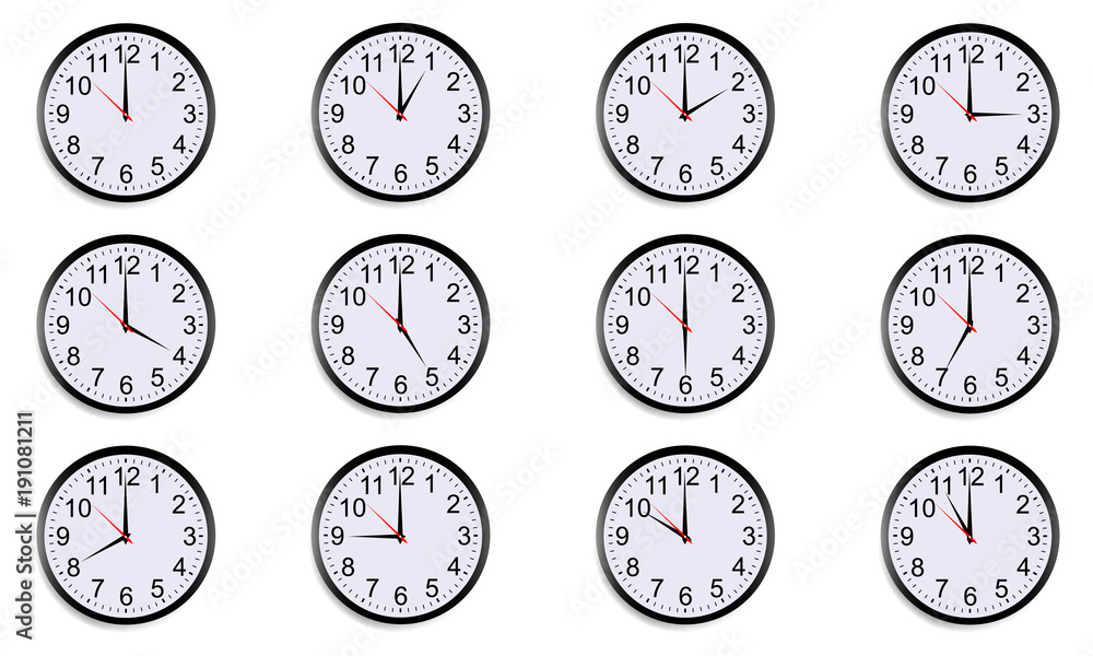 Set Of Round Clocks Showing Various Time World Clock Time Zone 