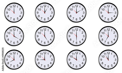 Set of round clocks showing various time. World clock, time zone. Vector illustration