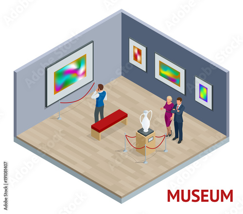 Isometric museum interior or art gallery concept. Exhibitions prehistory medieval history artefacts and art.