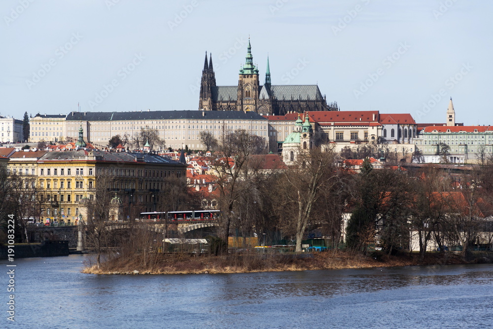 Prague panorama with Vltava River, St. Vitus Cathedral and Prague Castle - the biggest ancient castle in the world and residence of the president, Czech Republic