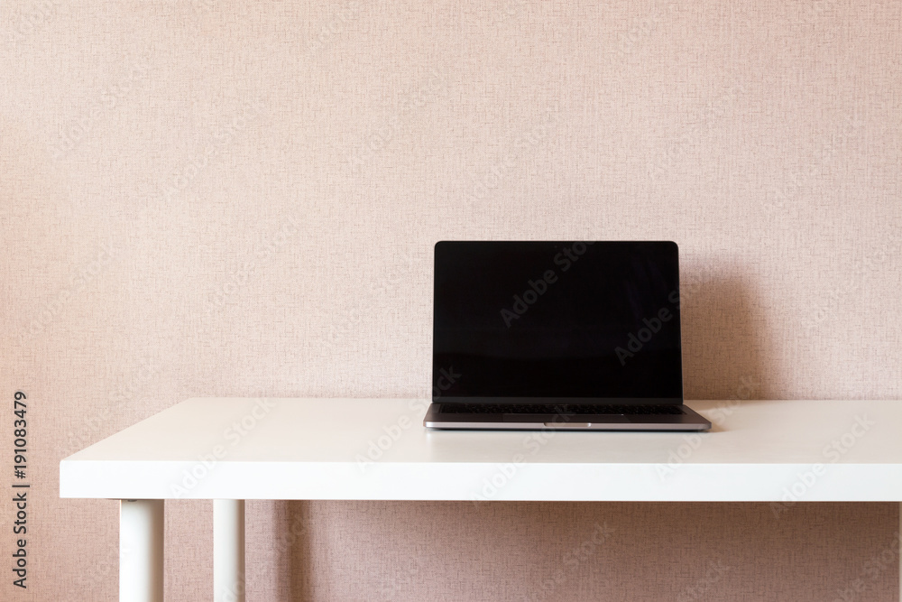 Laptop on white wooden table. Mockup Desktop. Laptop on white wooden table. Mockup Desktop.