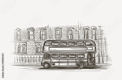 фотография Old london bus double decker hand drawn illustration. Vector.