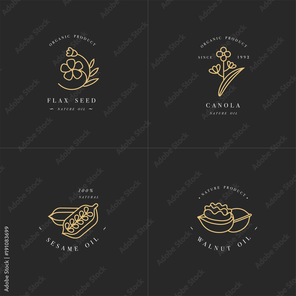 Vector set design templates and emblems - healthy and cosmetics oils - flax seed, walnut, sesame and canola.