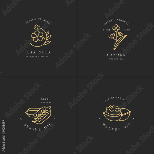 Vector set design templates and emblems - healthy and cosmetics oils - flax seed, walnut, sesame and canola.