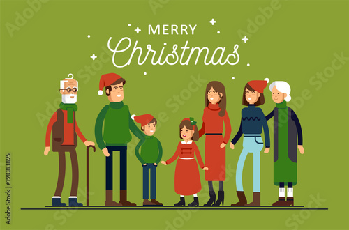 Big happy family in Christmas hats have hugging. Parents with children standing together holding each other.