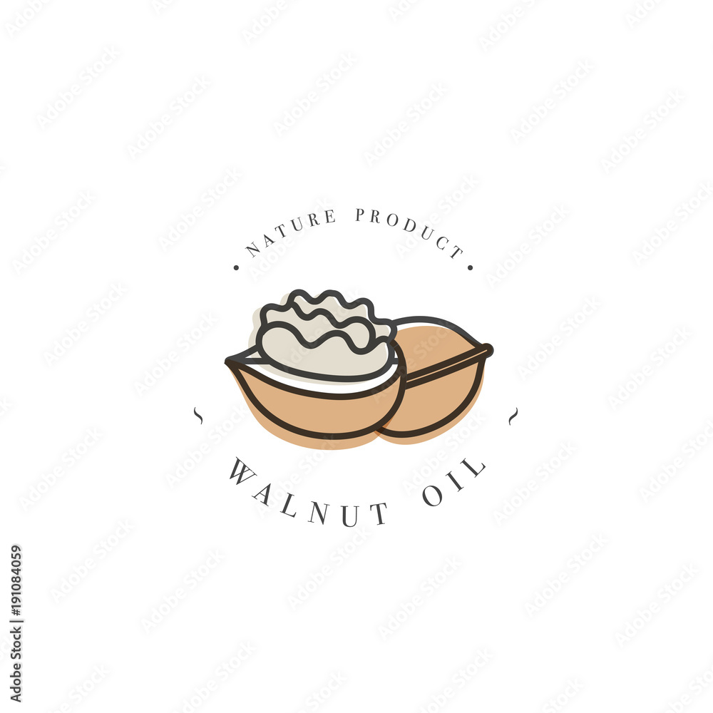 Vector design element and icon in linear style - walnut oil - healthy vegan food. Vector design element and icon in linear style - walnut oil - healthy vegan food.