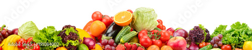 Panorama of fresh fruits and vegetables useful for health isolated on white background.