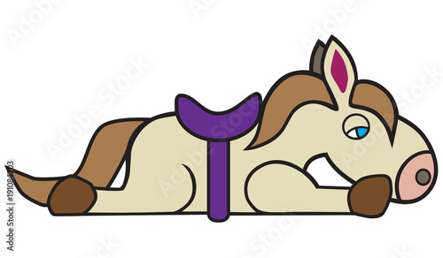 A tired toy horse is lying flat on the floor exhausted from being played with