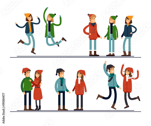 People and Christmas season. Happy winter vacation. Warmly dressed people in the jump and standing together. The concept of active rest and joyful pastime.